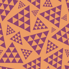Orange and purple random triangle repeat vector pattern. Modern lively boho vibe. Great for yoga, beauty products, home decor, gift wrap, stationery, packaging.