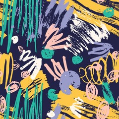 Trendy seamless pattern with colorful paint traces, brush strokes, scribble on dark background. Modern vector illustration in grunge style for wrapping paper, wallpaper, textile print, backdrop.