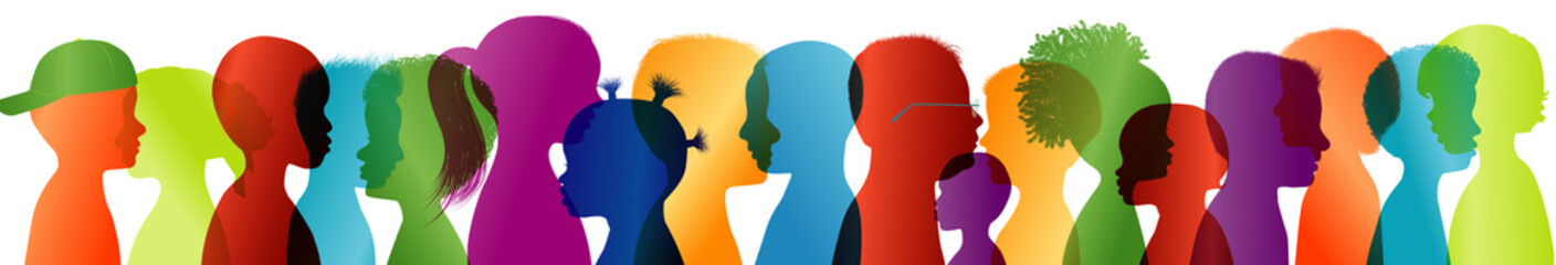 Silhouette group of modern children in colored profile. Communication between multi-ethnic children. Children talking