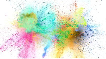 Super slowmotion shot of color powder explosions isolated on white background.