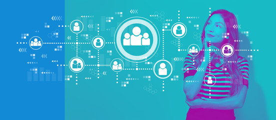 Social connections with young businesswoman in a thoughtful face