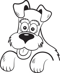 Black and white illustration of a happy dog.