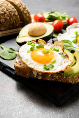Avocado sandwich with fried egg and fresh vegetables