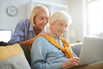 Portrait of contemporary senior couple using laptop at home lit by sunlight, copy space