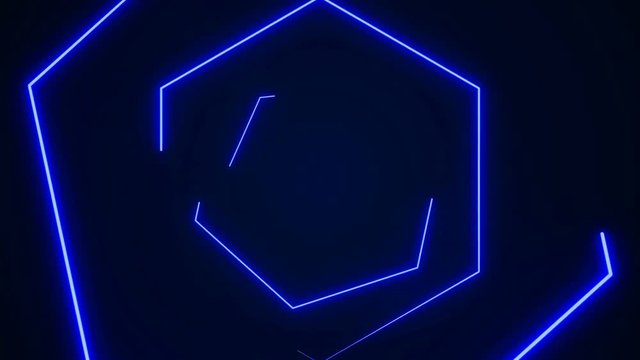 Futuristic HUD hexagon tunnel seamless VJ loop. 4K Neon motion graphics for LED, TV, music, show, concerts. Bright retro cosmic night club 3D animation with data flow concept for speed and connection