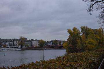 Fototapeta na wymiar View from the embankment on the Main River, the bridge and the city of Frankfurt