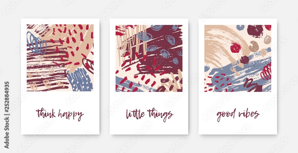 Poster set of modern decorative card templates with inspirational phrases or messages and abstract stains, 