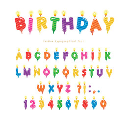 Birthday candles colorful font design. Bright festive ABC letters and numbers isolated on white. Vector