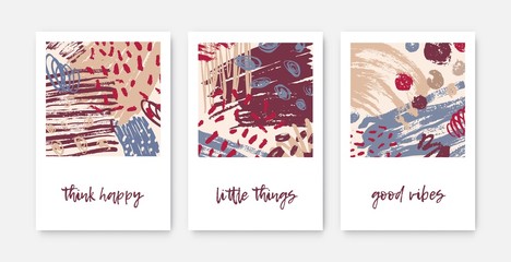 Set of modern decorative card templates with inspirational phrases or messages and abstract stains, blots, brush strokes, scribble, paint traces. Trendy vector illustration in contemporary art style.