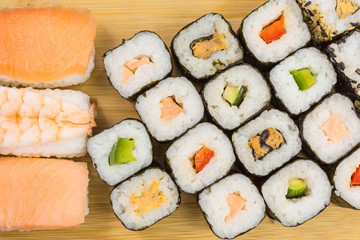 variations of sushi rolls with maki and nigiri