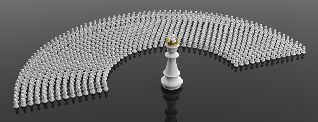 White pawns and a chess king on black color background, banner. 3d illustration