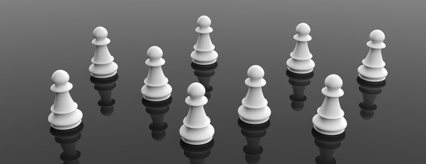 White chess pawns on black color background, banner. 3d illustration