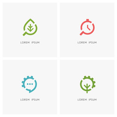 Search and gear wheel logo set. Green leaf, clock and loupe or magnifier, chat or message, tree and pinion symbol - industry, nature and ecology, time management and business communication icons.