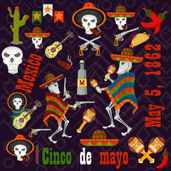 set of color_1_illustrations of elements, icons, for design on the Mexican theme of Cinco de mayo celebration in the style of flat
