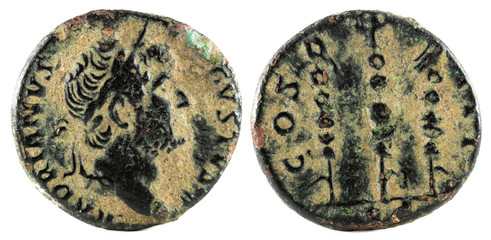 Ancient Roman bronze quadrans coin of Emperor Hadrian.