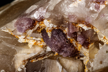 Macro mineral quartz mineral Tourmaline on Lepidolite black background