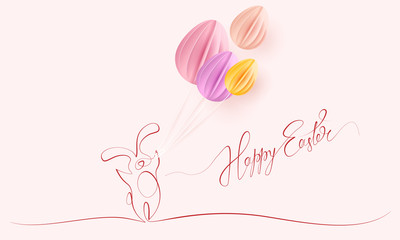 Happy Easter. Cute rabbit with air balloons