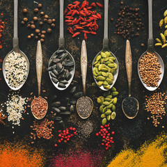 An assortment of varied seeds and spices in spoons on a dark background. Top view, flat lay....