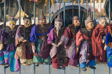 Traditional handicraft puppets for sale  in the ancient pagoda in Bagan, Myanmar
