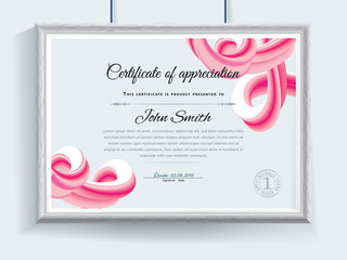 Official certificate with grey realistic border on snowflake background. Clean design, realistic effect shadow. Winter background