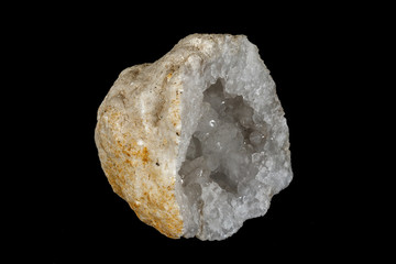Macro mineral stone Quartz geode black background