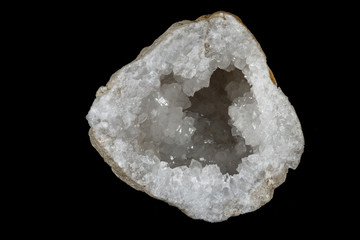 Macro mineral stone Quartz geode black background