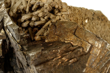 Macro mineral pyrite stone white background