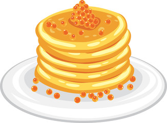 Stack of pancakes with red caviar