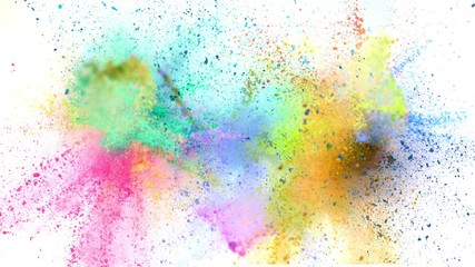 Super slowmotion shot of color powder explosions isolated on white background.