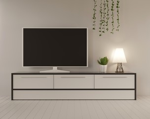 Home interior mock up with a TV on a console and lamp. 3D rendering.