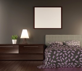 Empty frame in a bedroom. Lamp and plant on a table. Interior mock up. 3D rendering.