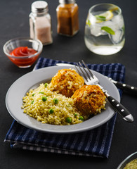 Carrot balls with bulgur and barley porridge. Vegetarian dish. Healthy food