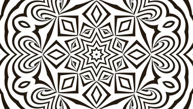 Abstract flowing striped kaleidoscope tunnel optical illusion. Black and white lines motion pattern. Seamless loop background
