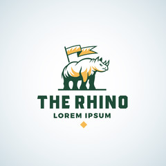 Rhino Abstract Vector Sign, Symbol or Logo Template. Rhinoceros Silhouette with a Flag Icon and Typography. Isolated