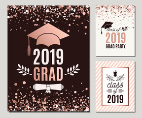 Graduation Class of 2019 greeting cards set in rose gold confetti colors. Three vector grad party invitations. Grad posters. All isolated and layered