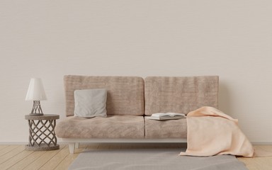 Mockup with sofa, blanket, and pillow. 3D rendering.