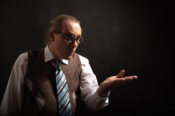 Funny nerd or geek looking to empty hand
