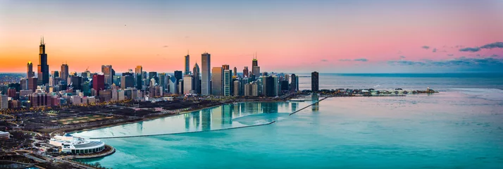 Fotobehang Prachtige zonsondergangen achter Chicago © Drone Dood