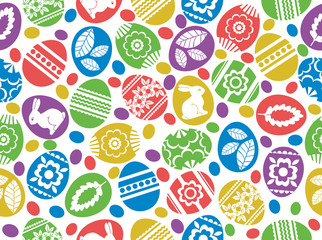 Seamless pattern with Easter eggs, flowers, leafs and rabbits over white background. Easter repeatable design. Can be used for fabric, wallpaper, web page background, greeting card, scrap booking