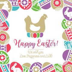 Easter card with frame of color easter eggs decorated with flowers, leafs and rabbits over white background. Easter holidays design. Hen with five colored eggs. Hand drawn decorative elements, vector