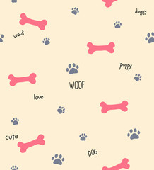 Seamless pattern with dog words, bones and footprints