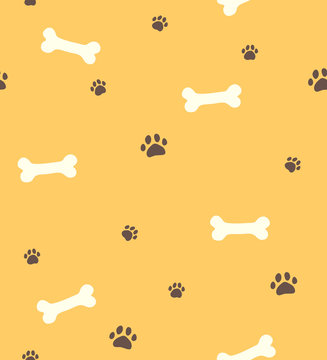 Seamless yellow pattern with bones for dog and paws
