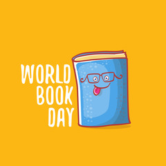 World book day greeting card with cartoon smiling book character isolated on orange background. Vector Book day label or logo