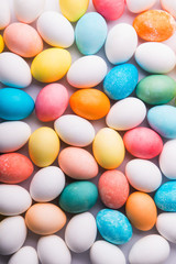 Eggs flat lay on a white background. Easter and spring composition.