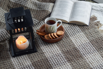 Cozy home still life: cup of tea and opened book with warm plaid. Winter holidays, Christmas time concept, free copy space
