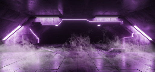 Smoke Ultraviolet Purple Futuristic Triangle Alien Spaceship Neon Glowing Dark Long Big Hall Corridor Tunnel Grunge Concrete Reflective Tiled Floor Gates Empty Space 3D Rendering