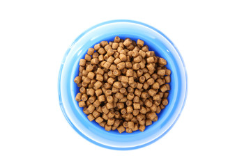Dry pet food in bowl isolated on white background