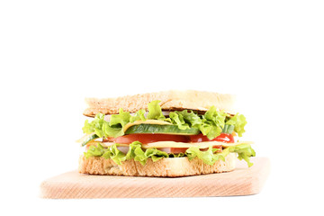 Tasty sandwich with cutting board isolated on white background