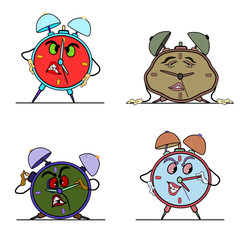 alarm clock, four different postures. funny, angry, drunk and asleep. funny caricature.