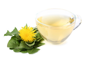 Yellow dandelions with cup of tea on white background